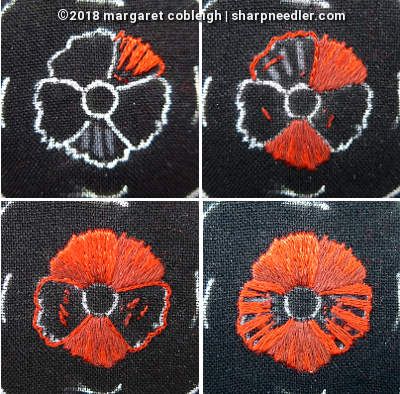 Embroidered remembrance poppy: progress photos for DMC version How To Embroider Poppies, How To Embroider A Poppy Flower, Poppy Flower Embroidery Pattern, Poppy Embroidery Tutorial, Embroidered Poppy Flower, Embroidery Poppy Flower, California Poppy Embroidery, Poppy Embroidery Pattern, Embroidery Poppies