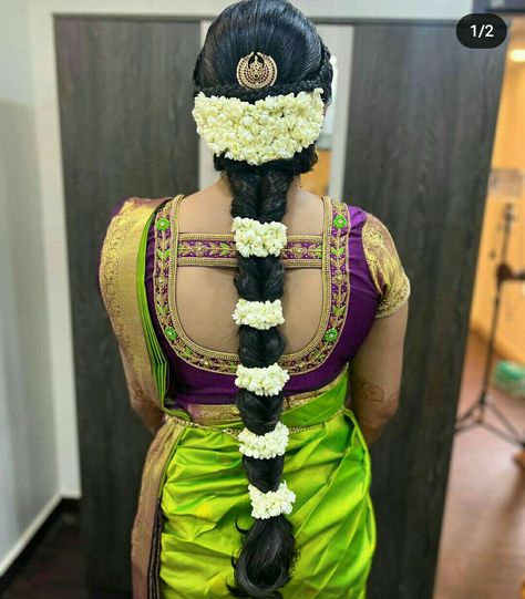 Pelli Kuthuru Hairstyles, Poo Jadai For Seemantham, Pula Jadalu Designs, Baby Shower Jadai Design, Pula Jada Indian Weddings, Baby Shower Hairstyles Indian, Poola Jada Brides, Pelli Jada, Engagement Hairdo