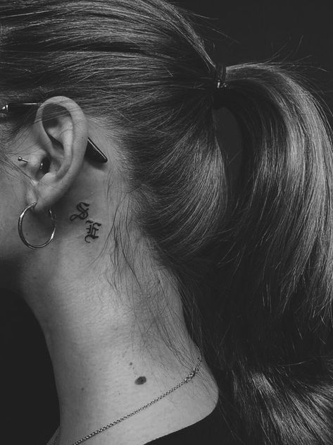 Old English Tattoo Behind Ear, Initials Tattoo Behind Ear, Letter Tattoos Initials Behind Ear, Old Love Tattoo, Initials Behind Ear Tattoo, Initial Neck Tattoo, Birth Year Tattoo Behind Ear, Old English Letter Tattoo, Letter Tattoo Behind Ear