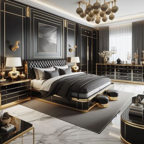 Black and Gold Bedroom Sleek Dressers Black And Gold Bedroom Ideas, Black And Gold Bedroom, Gold Bedroom Ideas, Gold Bed Frame, Hollywood Bedroom, Pretty Bedrooms, Gold Bedroom Decor, Princess Makeover, Gold Bedroom