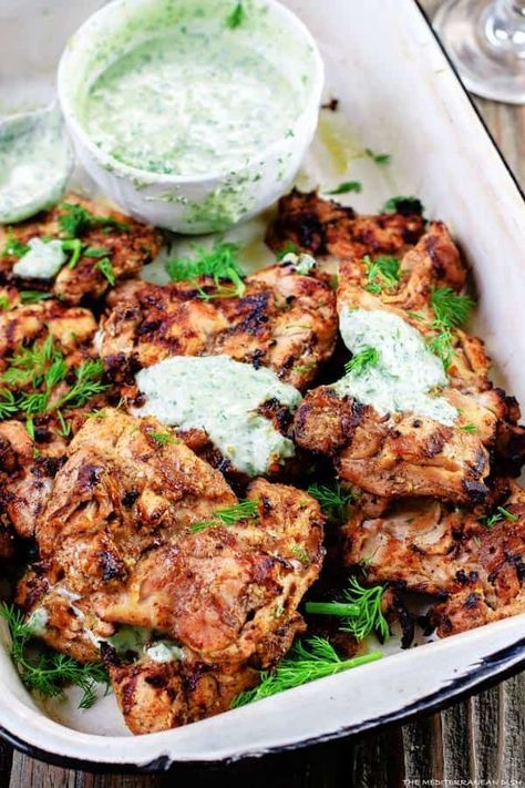 Dill Greek Yogurt Sauce, Grilled Ideas, Mediterranean Sides, Recipe With Dill, Greek Chicken Recipe, Perfect Grilled Chicken, Mediterranean Grilled Chicken, Greek Yogurt Sauce, Valentines Recipes