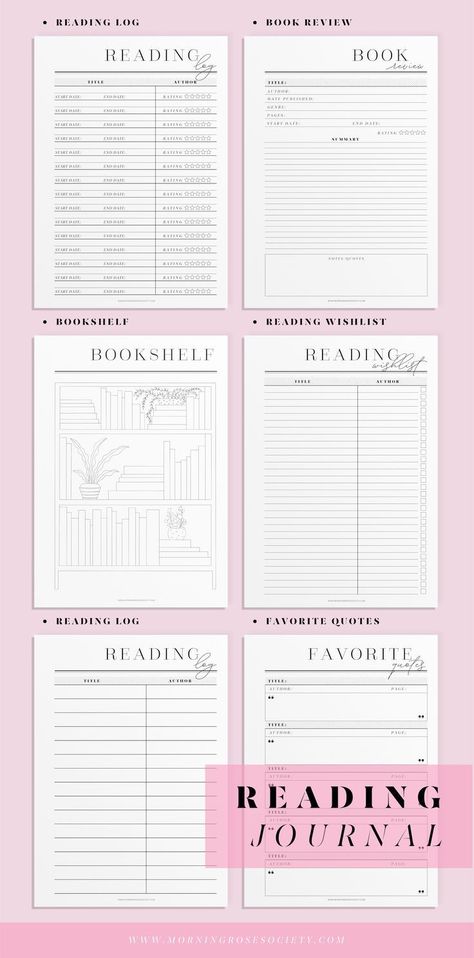 Printable reading journal pages for tracking books. Book planner for those who love reading. | Printable Planner For Moms by  Brian Trent Reading Journal Pages, Reading Journal Printable, Reading Log Printable, Book Review Template, Book Reading Journal, Book Planner, To Do Planner, Book Log, Printable Planner Pages