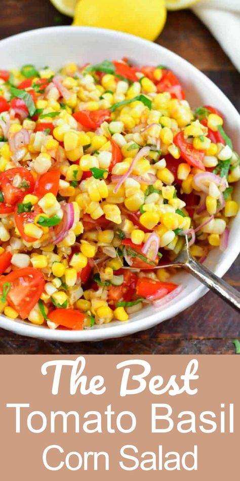 Showcase your favorite late summer produce with this Tomato Basil Corn Salad! It’s a simple medley of fresh corn, cherry tomatoes, aromatic fresh basil, olive oil, and freshly squeezed lemon juice. Enjoy this bright salad as a side dish, as a light lunch, or bring it with you to a picnic. Picnic Salad Recipes, Fresh Corn Recipes, Tomato Basil Salad, Corn Tomato Salad, Asian Salad Recipe, Corn Recipes Side Dishes, Fresh Corn Salad, Cherry Tomato Salad, Basil Olive Oil