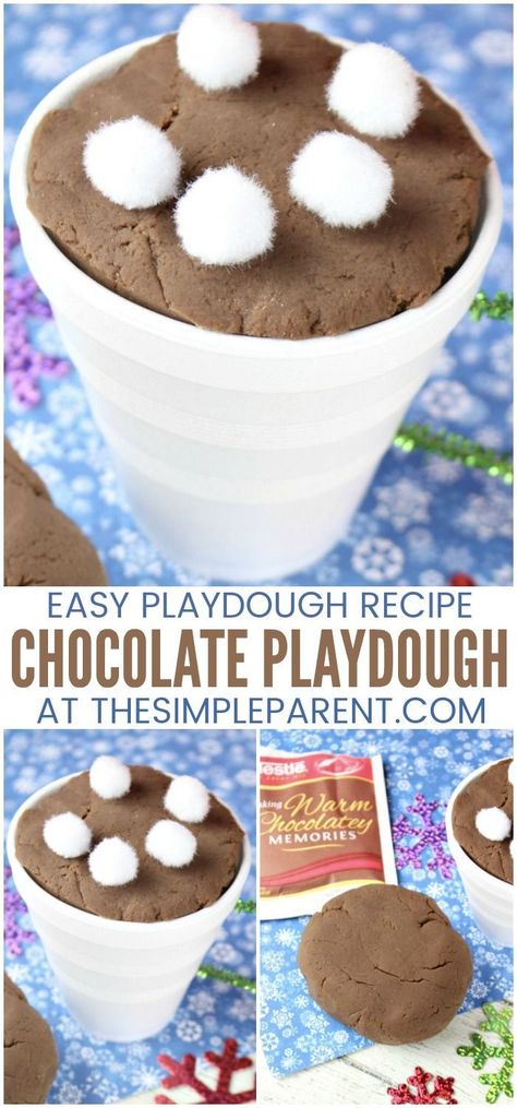 Hot Chocolate Playdough - Try this fun play doh recipe that is create for fine motor skills and sensory bins. It's one of our favorite kid activities, especially during the winter. This recipe is edible but doesn't tast amazing so watch your chilren while they're playing with it! Learn how to make this easy recipe! #kids #diy Hot Cocoa Science Experiment, Polar Express Sensory Bin, Hot Chocolate Activities For Toddlers, Hot Chocolate Sensory Bin, Chocolate Playdough Recipe, Play Doh Recipe, Chocolate Playdough, Chocolate Play Dough, Chocolate Activities