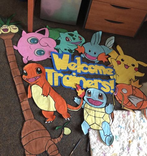 reslife Anime Themed Classroom, Pokemon Door Decs, Pokemon Bulletin Board Ideas, Pokemon Door Decorations, Pokemon Themed Classroom, Anime Classroom Decor, Pokemon Classroom Decorations, College Floor Themes, Pokemon Bulletin Board