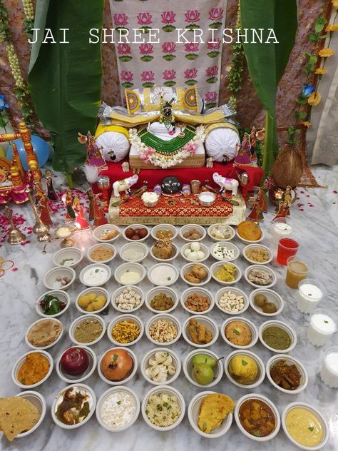 56 Bhog Thali For Krishna, Janamasthmi Decorations At Home, Chappan Bhog Decoration, 56 Bhog Decoration At Home, 56 Bhog Thali, Annaprashan Ideas, Annaprasana Decoration Ideas At Home, Janmashtami Decoration Ideas Home, Gauri Decoration