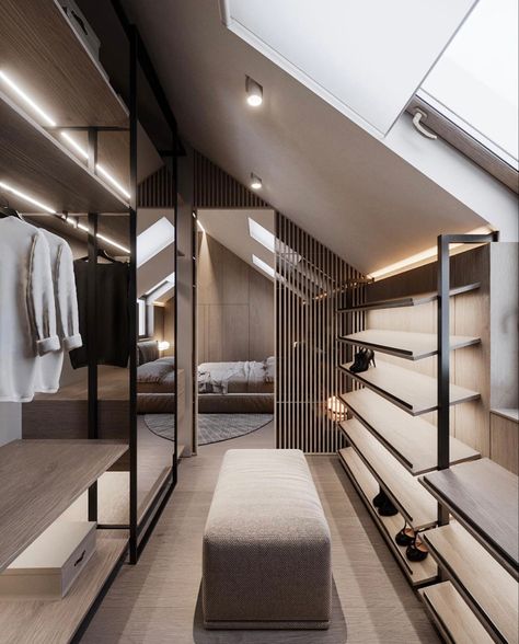 Mansard Bedroom, Loft Conversion Dressing Room, Attic Master Suite, Modern Guest Bedroom, Attic Wardrobe, Attic Bedroom Designs, Attic Design, Wardrobe Room, Loft Room