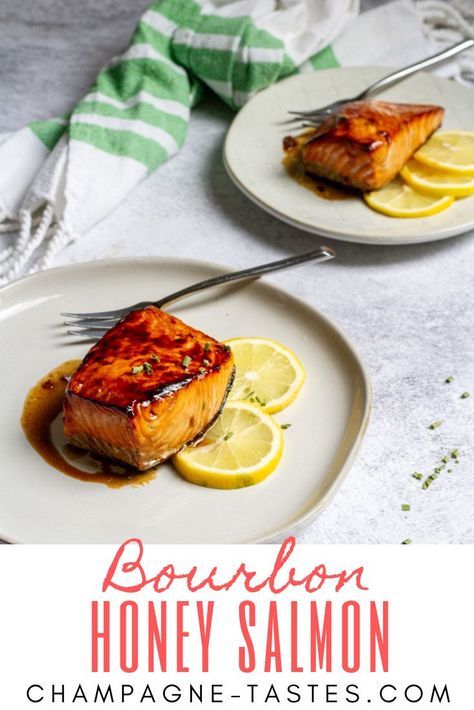 This honey bourbon salmon is marinated in an easy bourbon sauce, broiled until tender, and finished with the sweet honey bourbon glaze. Salmon With Bourbon Sauce, Honey Bourbon Salmon Glaze, Bourbon Marinated Salmon, Bourbon Glaze For Salmon, Bourbon Salmon Glaze, Honey Bourbon Glazed Salmon, Honey Bourbon Glaze, Bourbon Salmon Recipes, Bourbon Glaze Sauce