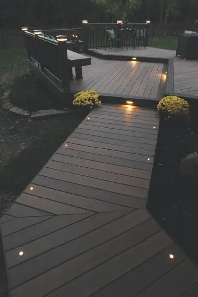 12 Stunning Garden Paths and Walkways Ideas - Cool Web Fun Wood Decking, Wooden Deck, Landscape Design Plans, Backyard Lighting, Decks Backyard, Sunrooms, Backyard Deck, Deck Lighting, Porch Design