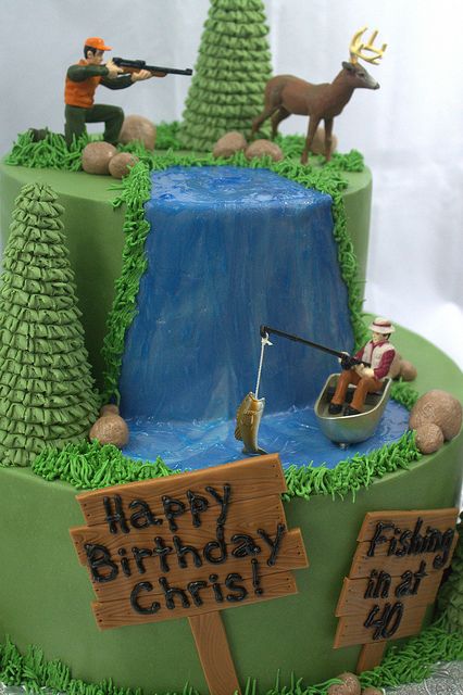 Hunting and Fishing Birthday Cake Fishing Birthday Cake, Fishing Birthday Party Boys, Hunting Birthday Cakes, Fish Cake Birthday, Hunting Cake, Hunting Birthday, Fishing Birthday Party, Hunting And Fishing, Fishing Birthday