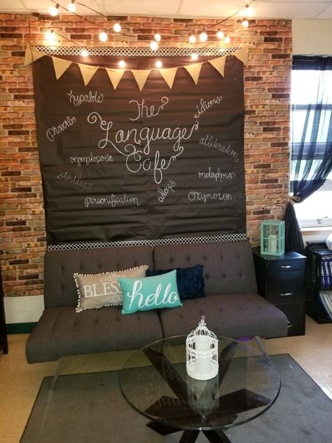 Coffee Themed Classroom Ideas, Cafe Lights In Classroom, Classroom Rustic Decor, Cafe In Classroom, Urban Classroom Decor, Classroom Couch Area, Brick Bulletin Board Ideas, Creative Writing Classroom Decor, Middle School Office Decor