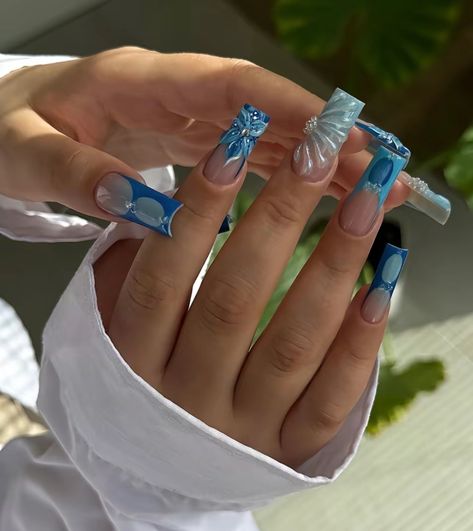 Blue Acrylic Nails, Girly Acrylic Nails, French Acrylic Nails, Beach Nails, Fire Nails, Square Nails, Long Acrylic Nails, 3d Nails, Cute Acrylic Nails