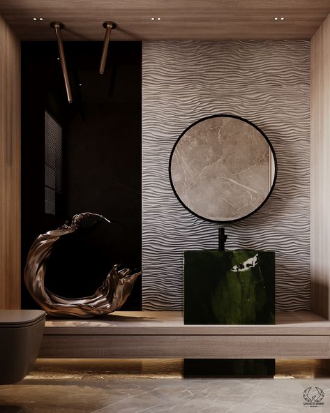 This bathroom shows off elegance with its modern style and beige tones. A textured wall with a wave design frames the room, and a huge round mirror completes the look. The black accent wall and minimalist fixtures give drama, while the distinctive green sink is a standout feature. Soft, ambient lighting adds to the luxurious atmosphere, making this bathroom both refined and calm.

#bathroom_design #bathroom_interior #home_decor
#modern_bathroom #ContemporaryBathroom
#bathroomRedesign Luxury Feature Wall Design, Luxury Modern Bathroom Interior Design, Black And Beige Bathroom, Calm Bathroom, Black Accent Wall, Creative Bathroom Design, Luxury Modern Bathroom, Feature Wall Design, Black Accent Walls