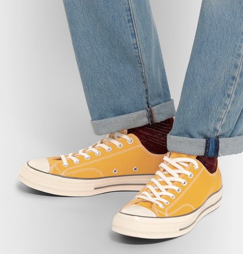 CONVERSE 1970S CHUCK TAYLOR ALL STAR CANVAS SNEAKERS. #converse #shoes Yellow Converse Low Tops, Converse 70s Sunflower, Converse 70s Outfit Men, Converse 70s Outfit, Yellow Chuck Taylors, Sunflower Outfit, Converse 1970s, Converse 70s, Chuck 70s