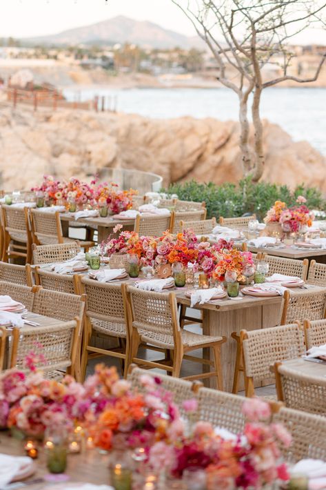 Vibrant Wedding Reception Decor, Chileno Bay Wedding, Sunset Themed Wedding, Sunset Inspired Wedding, Sunset Wedding Theme, Sunset Wedding Colors, Vibrant Wedding Colors, Cabos Wedding, Los Cabos Wedding