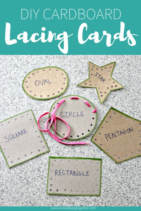 Lacing cards are a great tool for fine motor skills hand-eye coordination & more! They are also easy to make at home! These easy DIY Lacing Cards are great for your toddler or preschooler and are made from unwanted cardboard. Upcycle your cardboard and create a great educational toy at the same time! #livingroommoneysavingtips Diy Lacing Cards, Preschool Inspirations, Preschool Fine Motor Activities, Lacing Cards, Fine Motor Activities For Kids, Preschool Fine Motor, Motor Skills Activities, Fine Motor Skills Activities, Play Together