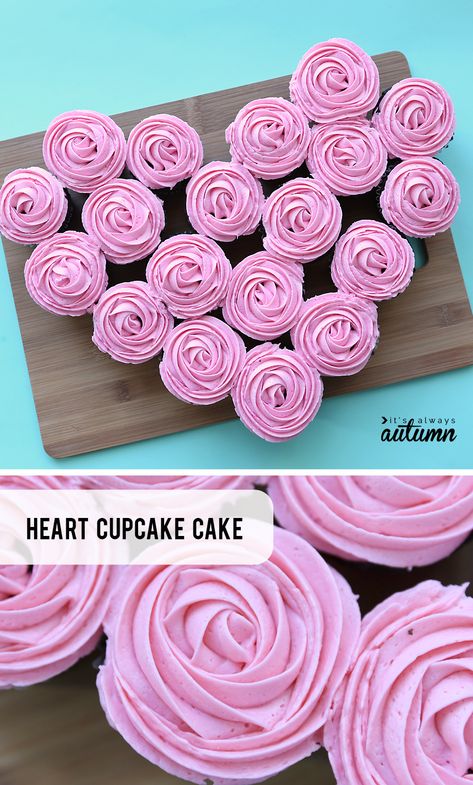 How to make a heart shaped cupcake pullapart cake for Valentine's Day! Easy Valentines treat. Cake Out Of Cupcakes, Valentines Cakes And Cupcakes, Cake Mix Ingredients, Heart Shaped Cake, Pull Apart Cupcake Cake, Pull Apart Cake, Valentines Baking, Easy Valentines, Pull Apart Cupcakes