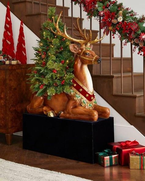 Reindeer Centerpieces, Christmas Chandelier Decor, Christmas Deer Decorations, Christmas Tree Village, Gold Christmas Tree Decorations, Christmas Staircase, Mark Roberts, Prelit Tree, Reindeer Decorations