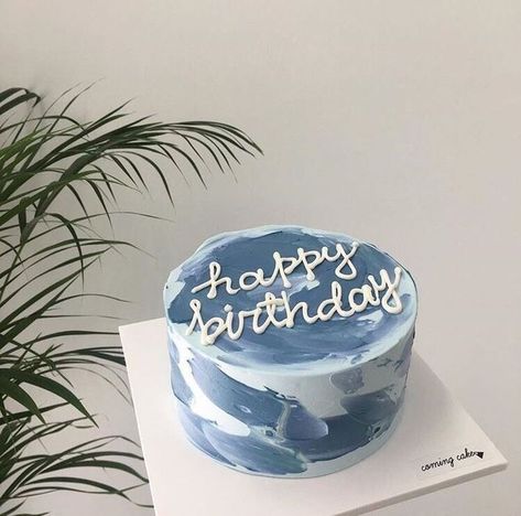 Cakes Blue Birthday, Birthday Cake Minimalist Design, Happy Birthday Cake Minimalist, Korean Cake Aesthetic Blue, Bday Cakes Aesthetic Blue, Cute Blue Birthday Cakes, Birthday Party Blue Aesthetic, Simplistic Birthday Cake, Cake Blue Aesthetic