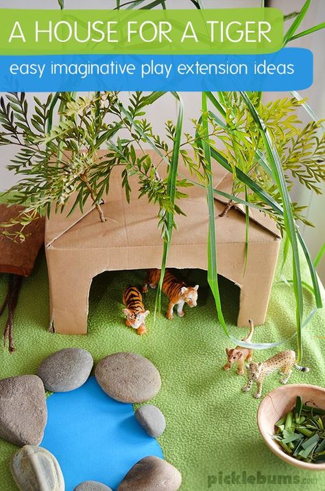 A House for a Tiger - easy imaginative play for kids plus extension ideas and a book list. A great way to make books come alive or free play on a rainy day! Tiger Day Activities For Kids, Reading Cottage, Post Office Play, Jungle Activities, Cat Invitations, Play For Kids, Invitation To Play, Extension Ideas, Animal Activities