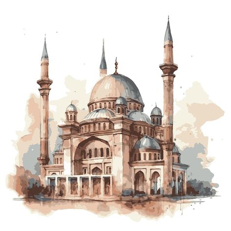 Drawing Of Mosque, Painting Of Mosque, Mosque Watercolor Paintings, Islamic Watercolor Art, Islamic Mosque Art, Mosque Drawing Islamic Art, Mosque Art Painting, Mosque Painting Islamic Art, Turkish Illustration