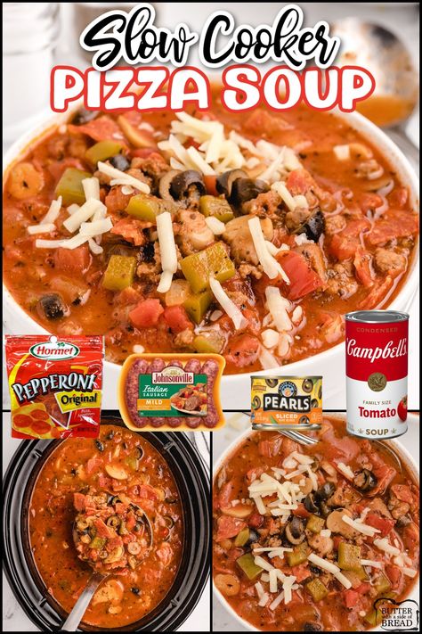 Slow Cooker Pizza Soup is a filling and comforting soup that is full of your favorite pizza flavors. Making this crockpot pizza soup is so simple! Crockpot Pizza Soup Recipes, Pizza Soup Recipe Crock Pots, Pizza Soup Crockpot, Crockpot Pizza Soup, Supreme Pizza Soup, Crockpot Receipts, Easy Soup Recipes Quick, Top Crockpot Recipes, Slow Cooker Pizza