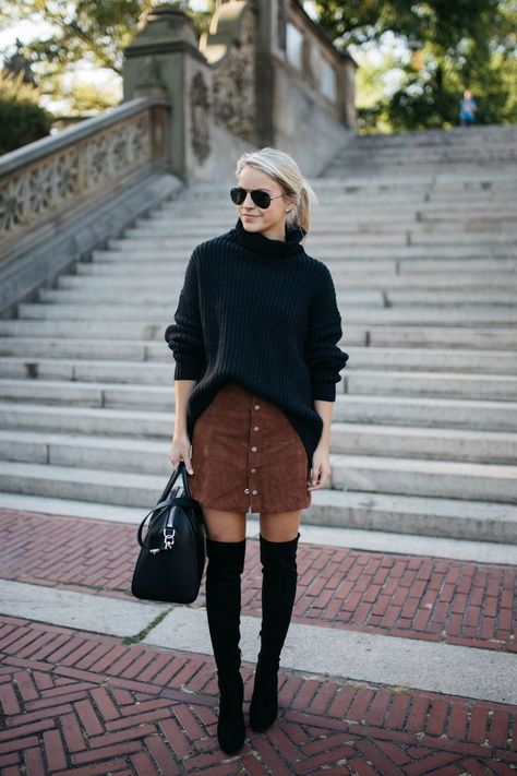 over the knee boots + chunky Sweater + suede skirt # fallfashion Suede Skirt Outfit, Suede Boots Outfit, Sweater Skirt Outfit, Brown Suede Skirt, Over The Knee Boot Outfit, Fall Boots Outfit, Winter Boots Outfits, Knee Boots Outfit, Winter Skirt Outfit