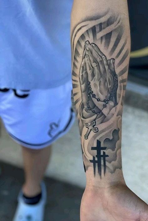 Guy Wrist Tattoos, Cross Forearm Tattoo Men Half Sleeves, Men’s Tattoo Ideas Forarm, Mexican Tattoo Ideas For Men Sleeve, Red Accent Tattoo, Biblical Forearm Tattoos For Men, Quarter Sleeve Tattoo Men, Christian Arm Tattoo Men, God Tattoos Men