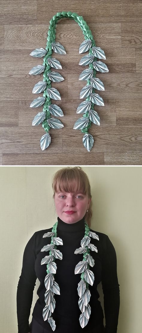 Graduation Leis For Men, Graduation Dollar Necklace, Ribbon And Money Lei, 8th Grade Promotion Lei Ideas, Unique Leis For Graduation, Simple Graduation Leis, Money Fan Diy, How To Make Graduation Leis With Money, Dollar Leis For Graduation Diy