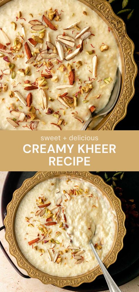 This sweet and creamy kheer recipe is flavoured with saffron and cardamom and is super easy to make. A delicious and simple Indian dessert! Indian Kheer Recipes, Rice Sweet Recipes, Indian Food Recipes Dessert, Indian Desserts Easy, Indian Deserts Sweets, Indian Food Dessert, Kheer Recipe Indian Desserts, Pakistani Kheer Recipe, Recipes With Saffron