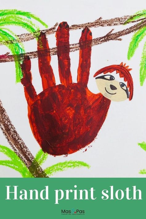 Handprint paintings are so much fun to do. We just love these super cute handprint sloths, hanging around on their jungle branches. It’s an adorable handprint animal craft for kids. #handprintanimals #handprintart #handprintcraftforkids #handprintcrafts #craftsforkids Sloth Handprint Craft, Handprint Animals, Sloth Craft, Hand Print Animals, Handprint Painting, Rainforest Activities, Sloth Party, Jungle Trees, Sloth Drawing