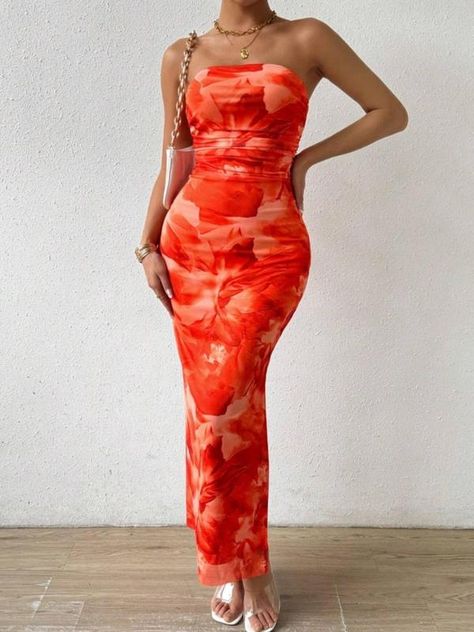 Women's All Over Print Ruched Backless Split Thigh Bodycon Tube Dress, Sundress Maxi Dress, Elegant Sleeveless Long Dress for Summer, Dress in Club, Dresses for Women, Ladies Clothes for Beach Holiday Summer Bodycon Dresses, Classy Going Out Outfits, Elegant Summer Dresses, Cute Casual Dresses, Strapless Bodycon Dress, Diy Clothes And Shoes, Burnt Orange Dress, Sleeveless Long Dress, Fashion Dresses Casual