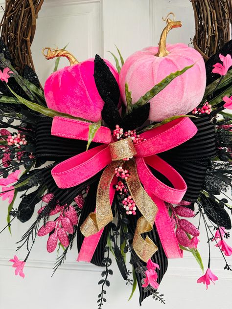 Pink Door Decor, Halloween Door Wreaths, Black Wreath, Glitter Leaves, Autumn Wreaths For Front Door, Pumpkin Door, Pink Wreath, Fall Front Door, Door Wreaths Fall