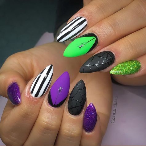 Orange Black Purple Green Halloween Nails, Halloween Nails Green And Purple, Purple And Green Nails Halloween, Pointy Halloween Nails, Green And Purple Halloween Nails, Bright Halloween Nails, Purple And Green Halloween Nails, Almond Halloween Nail Designs, Halloween Stilleto Nails