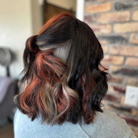 35 Calico Hair Ideas That Will Transform Your Look: Bold, Beautiful, and On-Trend Styles Brown Hair With Colorful Highlights, Brunette Hair With Color, Calico Hair Color Hairstyles, Hair With Color, Calico Hair, Soft Curls, Beautiful Color Combinations, Bold And Beautiful, Dark Brown Hair