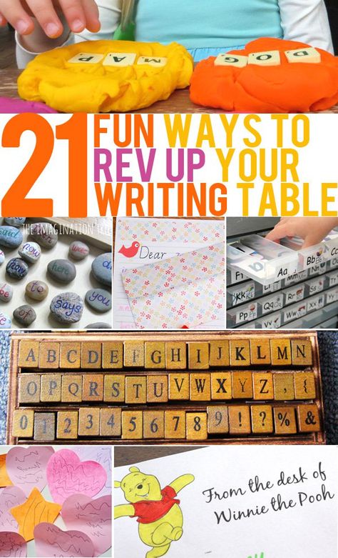 21 Ways to Inspire Interest in Your Writing Table | Childhood101 Great ideas for home or school. Writing Center Preschool, Writing Center Kindergarten, Writing Area, Preschool Writing, Preschool Literacy, Kindergarten Writing, Teaching Literacy, Writing Table, Kindergarten Literacy