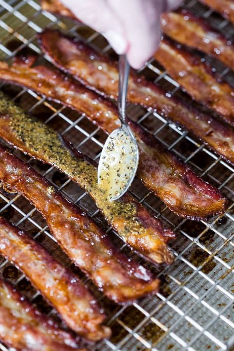 Oven Baked Bacon, Maple Bourbon, Bacon In The Oven, Baked Bacon, Candied Bacon, Slow Roast, Cooling Rack, Maple Bacon, Bacon Recipes