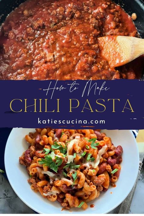 Chili With Pasta Recipe, Chilli Pasta Bake, Chilli With Noodles, Chilli Pasta Recipe, Chili With Pasta, Hamburger Chili, Pasta With Ground Beef, Bean Pasta Recipes, Chili Spaghetti