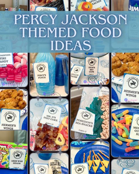 Greek Mythology Party Food, Greek Mythology Food Ideas, Percy Jackson Inspired Food, Percy Jackson Food Recipes, Percy Jackson Printables, Percy Jackson Themed Snacks, Percy Jackson Themed Cake, Percy Jackson Themed Food, Percy Jackson Sleepover