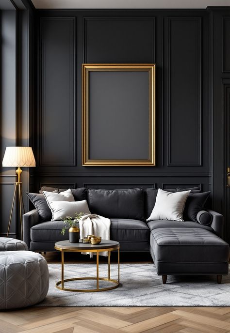 Dark Grey Couch Living Room Gold And Grey Aesthetic, Moody Transitional Living Room, Dark Grey Walls Living Room, Living Room Frames, Grey Couch Living Room Ideas, Dark Grey Couch, Dark Grey Couch Living Room, Room Frames, Dark Sofa