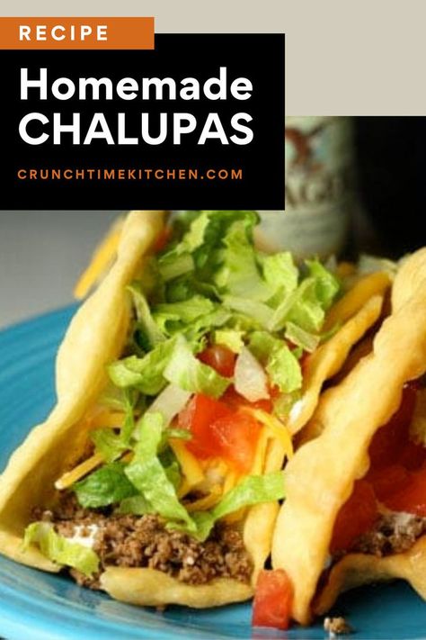 Easy Chalupas That You Can Make At Home! This easy homemade Chalupas recipe means you can skip Taco Bell and make a healthier more affordable version at home. How to make your own chalupas with shells that are crispy on the outside and doughy on the inside. These homemade Chalupas are packed with all your favorite toppings, including loads of cheese, ground beef or shredded chicken, fresh tomatoes, and crisp lettuce. Homemade Chalupa, Chalupa Shells, Chalupas Recipe, Chalupa Recipe, Mexican Cuisine Recipes, Taco Stuffed Shells, Tex Mex Recipes, Shredded Lettuce, How To Double A Recipe