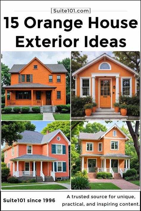 15 Orange House Exterior Ideas to Brighten Up Your Home Orange House Exterior, Orange Brick House Exterior, House Paint Exterior Colour Schemes, Unique Houses Exterior, Orange Brick Houses, House Exterior Ideas, Outside House Colors, Orange Door, Home Transformation