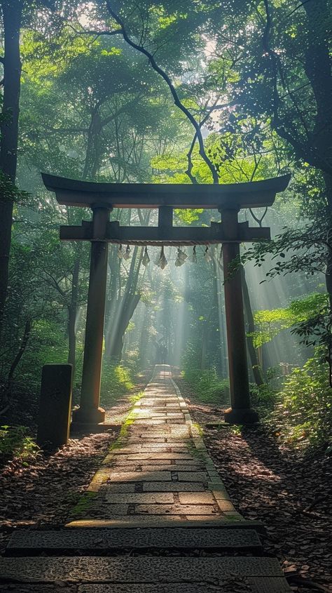 Mystical Forest Gateway: An ethereal torii gate stands at the entrance of a sunlit pathway through a serene forest. #forest #torii #gateway #sunbeams #trees #aiart #aiphoto #stockcake ⬇️ Download and 📝 Prompt 👉 https://ayr.app/l/7Ee3 Landscape Forest Photography, Drawing Reference Photos Nature, Edo Japan Aesthetic, Torii Gate Wallpapers, Japanese Forest Art, Japanese Temple Aesthetic, Folktale Aesthetic, Japanese Gates Entrance, Tree Pathway