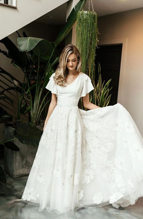 Wedding Dress Flutter Sleeves Lace, 50s Inspired Wedding Dress, Wedding Dress With Flutter Sleeves, Wedding Dress Crepe, Minimal Bride, Wedding Dresses Lds, Empire Waist Wedding Dress, Lds Bride, Modest Bride