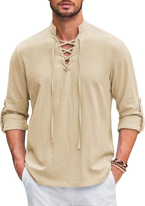 Amazon.com: COOFANDY Men Pure Cotton Shirt Long Sleeve Pirate Shirt Medieval Renassiance Shirt Retro Halloween Victorian Costume : Clothing, Shoes & Jewelry Tunic Men, Men Dresses, Medieval Tunic, Viking Dress, Boho Men, Pirate Shirts, Medieval Style, Up Costumes, Medieval Clothing