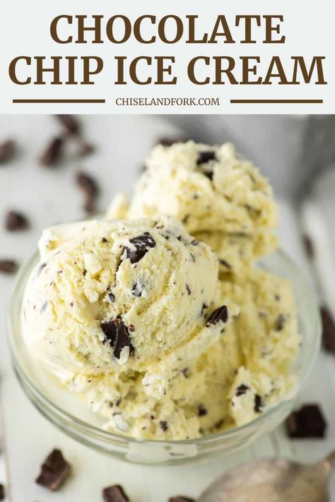 Homemade vanilla ice cream loaded with chocolate chips makes this chocolate chip ice cream recipe perfect for both vanilla and chocolate lovers. #chocolatechipicecream #homemadeicecream #icecreamrecipe #icecream | chiselandfork.com Chocolate Chip Ice Cream Recipe, Homemade Ice Cream Recipes Machine, Kitchen Aid Ice Cream, Best Homemade Ice Cream, Ice Cream Recipes Machine, Chocolate Ice Cream Recipe, Easy Ice Cream Recipe, Homemade Chocolate Chips, Homemade Vanilla Ice Cream