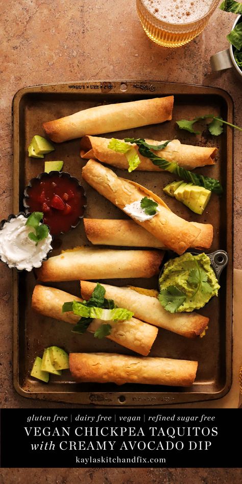 These 4 ingredient Vegan & Gluten Free Chickpea Taquitos are delicious, healthy and take just 20 minutes to make from start to finish. They’re made with just a few simple ingredients and are amazing when paired with fresh avocado dip and salsa. Gluten Free Taquitos, Chickpea Taquitos, Avocado Dip Recipe, Chickpea Tacos, Chickpea Cookies, Refined Sugar Free Recipes, Gluten Free Tortillas, Avocado Dip, Favorite Recipes Dinner