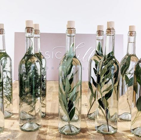 Jessica Hillier Floral Design on Instagram: “It's a small but mighty detail. I loved doing these for Annie's wedding at the weekend. ⠀⠀⠀⠀⠀⠀⠀⠀ . . Table number bottle's ready for the…” Herb Table, Paint Wine Bottles, Clear Wine Bottle, Wine Bottle Centerpieces, Wedding Wine Bottles, Bottle Centerpieces, Watercolour Card, Tafel Decor, Green Themed Wedding