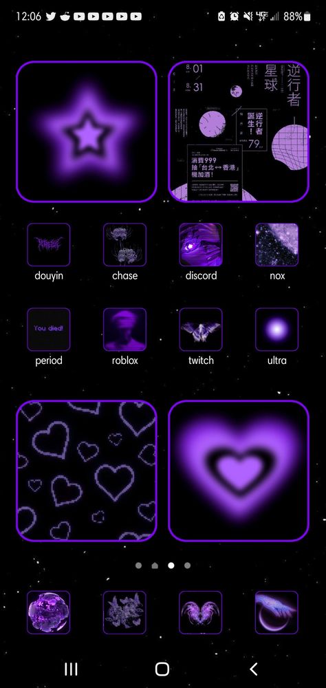 Iphone Homescreen Ideas Purple, Purple Themed Phone, Y2k Wallpaper Purple And Black, Purple Iphone Layout, Dark Purple Phone Theme, Purple Phone Layout, Dark Purple Phone Layout, Phone Themes Purple And Black, Purple Ios Layout