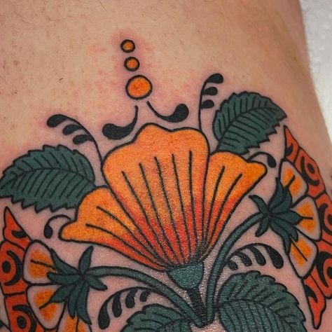 Folk Art Flowers Tattoo, Traditional Floral Tattoo, Folk Art Tattoo, German Flower, Saved Tattoo, Woman Tattoo, Elbow Tattoos, Folk Art Flowers, Small Hand Tattoos